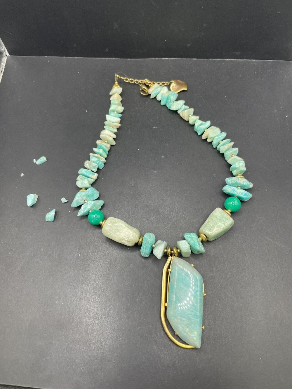 Vintage Amazonite Nugget Chip Beaded Blue Green Gold Tone Statement Necklace